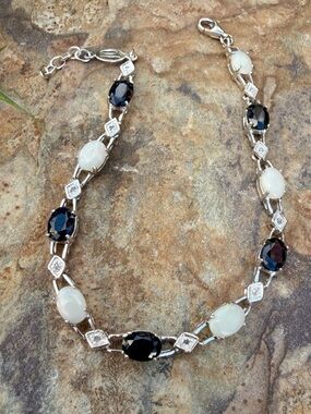 AAA Black Sapphire Opal Diamond Sterling Silver Bracelet 7.75”